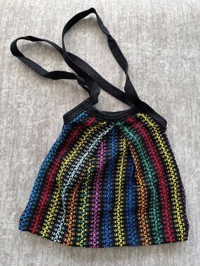 Vintage Black and Rainbow Crochet Tote